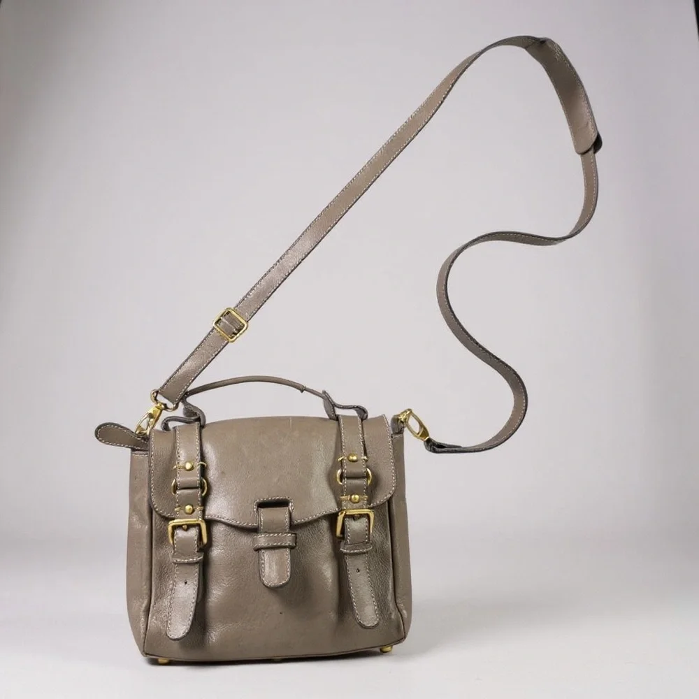 Gray Leather Satchel Crossbody Bag‎ Top Handle Buckle Detail Contrast Stitching